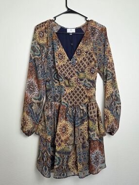 Socialite Print Long Sleeve Vneck Ruffle Chiffon Minidress Size XS